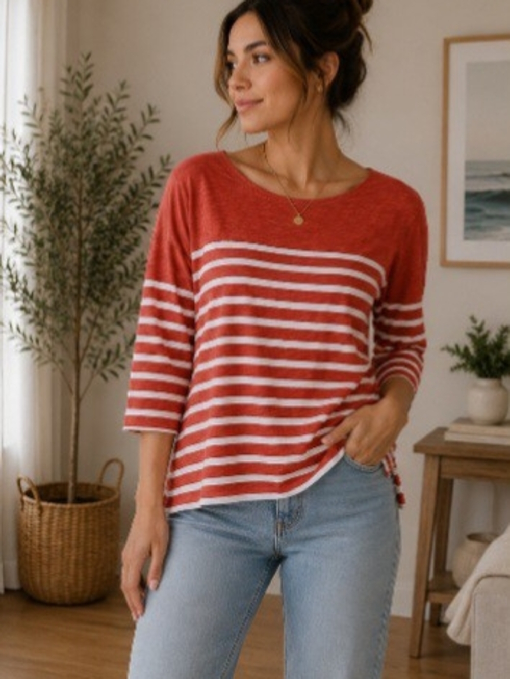 J. Crew Red and White Striped Boatneck Top